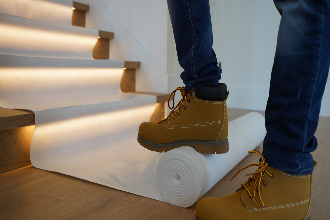 Contractor installing white padded adhesive floor protection on hardwood surface — durable surface covering for construction, renovation, and restoration sites.